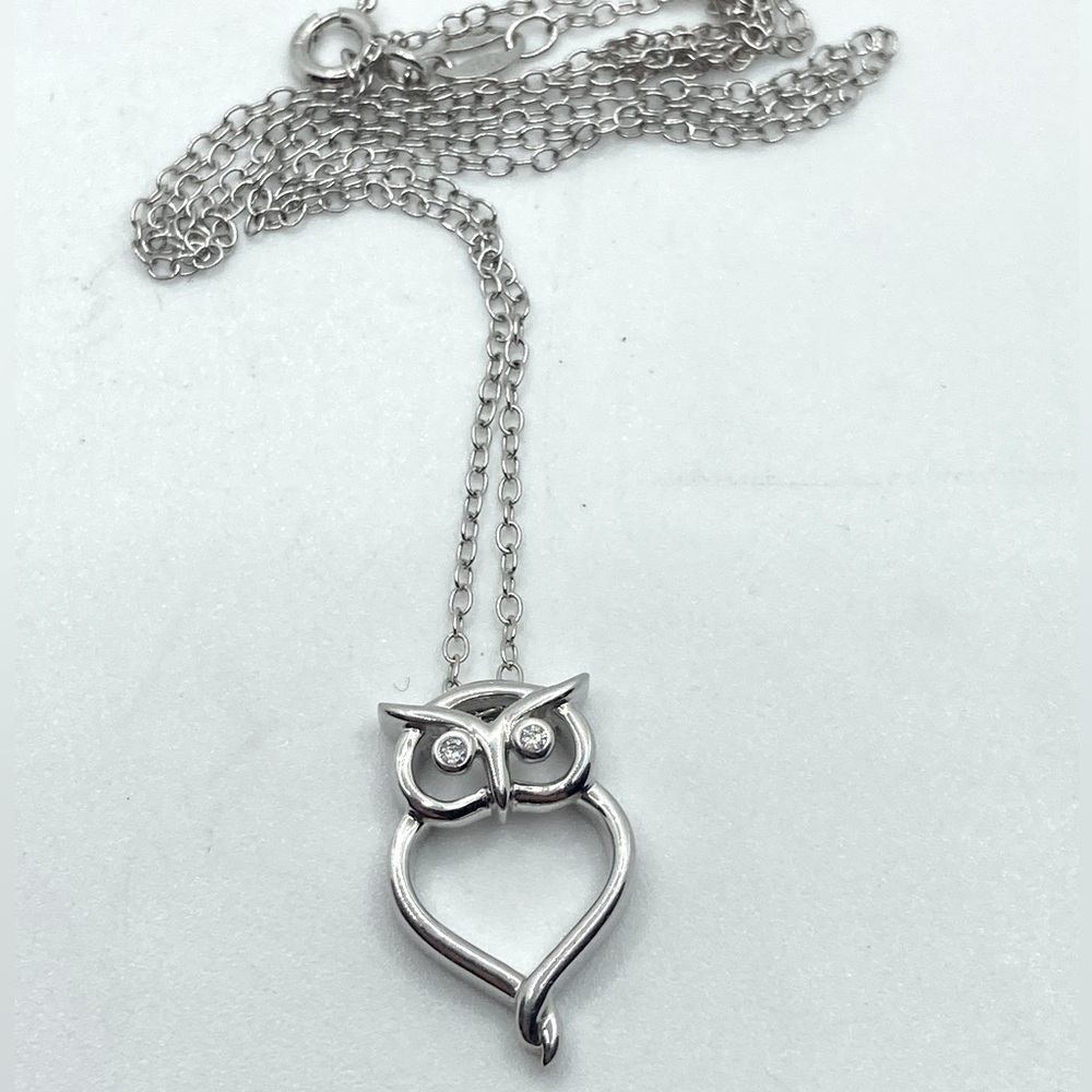 DIAMOND & Sterling Silver Owl Bird Pendant w Chain 18” & .6”